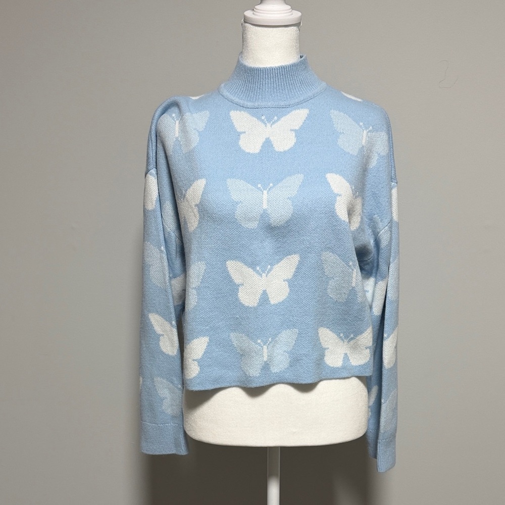 Blue Butterfly Pattern Turtleneck Sweater